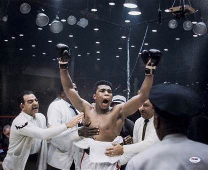 Muhammad Ali Autographed 16x20 Color Photograph of Ali Celebrating Win (PSA/DNA)